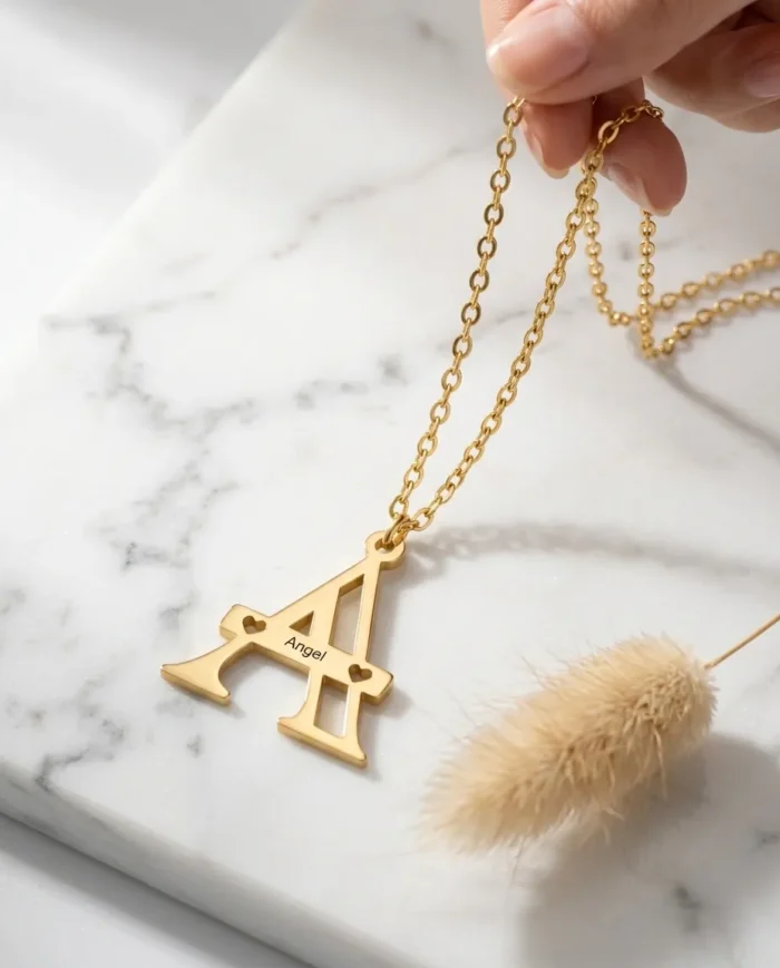 Custom Engraved Letter Pendant Necklace with Hearts