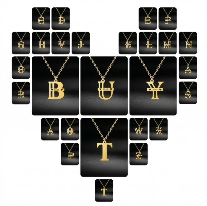 Custom Engraved Letter Pendant Necklace with Hearts