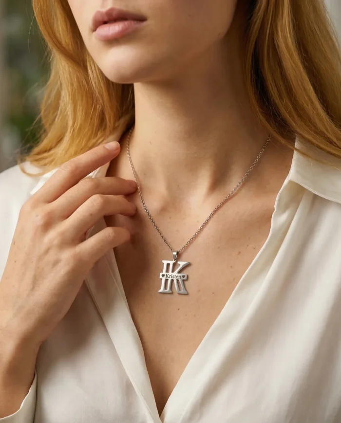 Custom Engraved Letter Pendant Necklace with Hearts