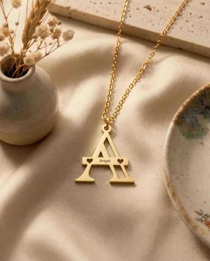 Custom Engraved Letter Pendant Necklace with Hearts