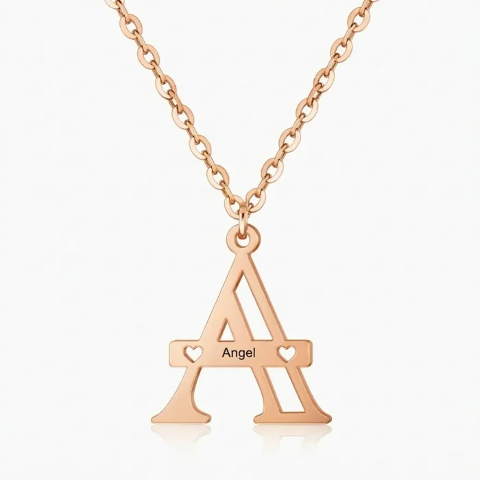 Custom Engraved Letter Pendant Necklace with Hearts