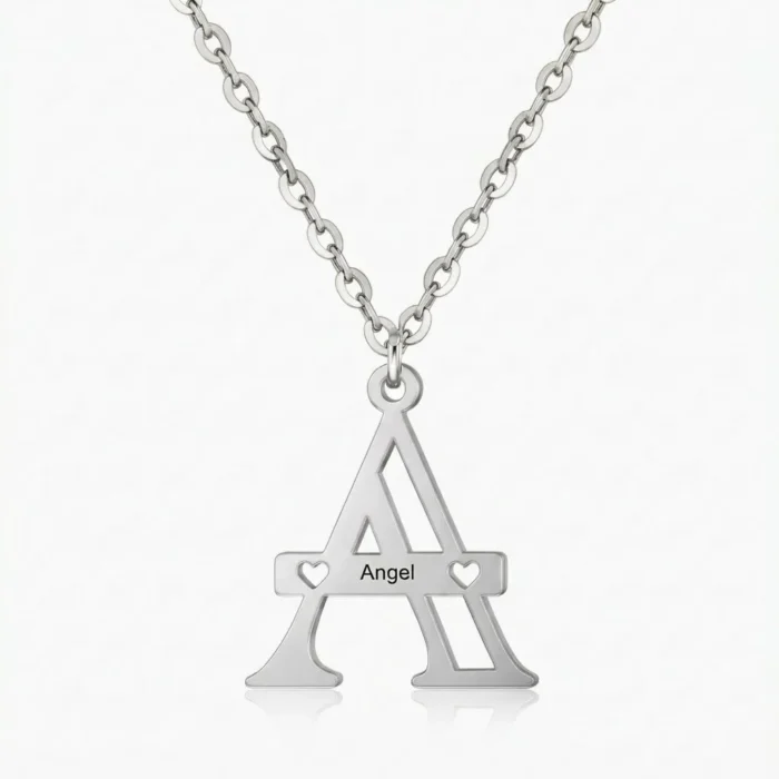 Custom Engraved Letter Pendant Necklace with Hearts