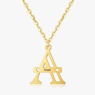 Custom Engraved Letter Pendant Necklace with Hearts