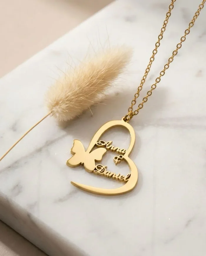 Custom Two Name Gold Plated Heart & Butterfly Necklace