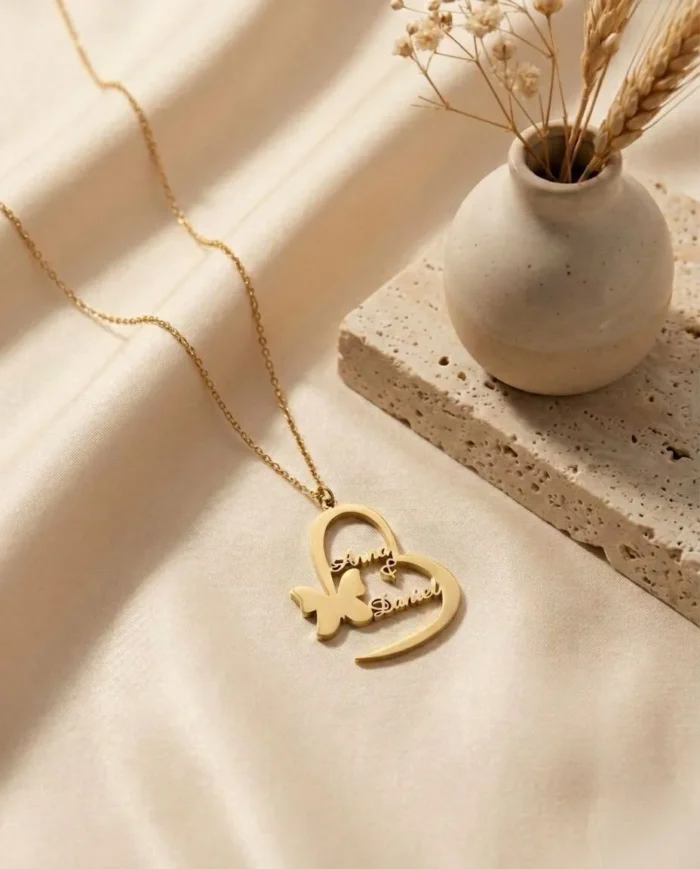 Custom Two Name Gold Plated Heart & Butterfly Necklace