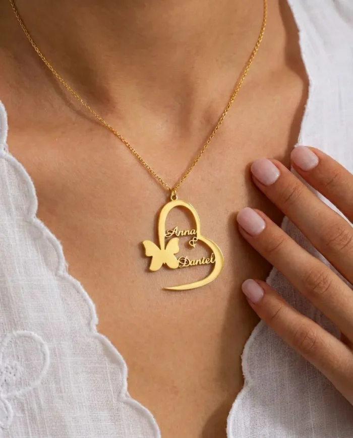 Custom Two Name Gold Plated Heart & Butterfly Necklace