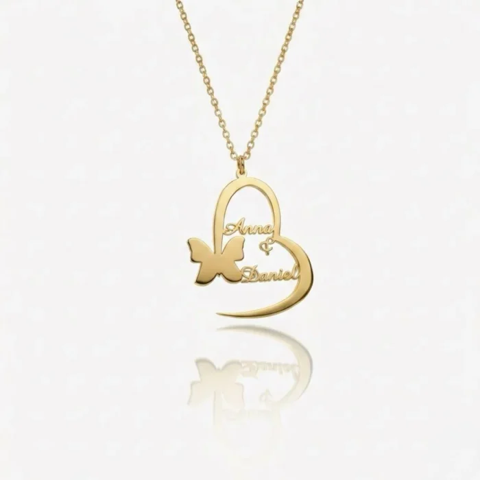 Custom Two Name Gold Plated Heart & Butterfly Necklace