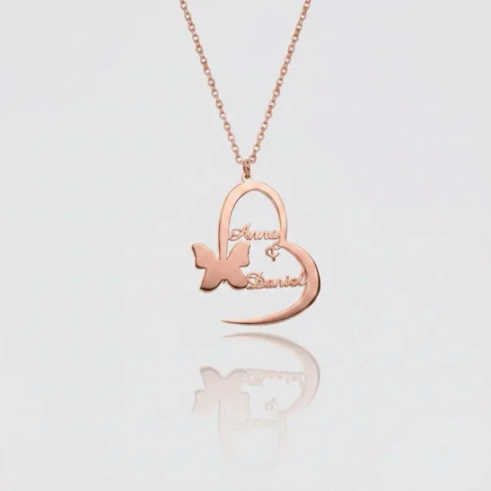 Custom Two Name Gold Plated Heart & Butterfly Necklace