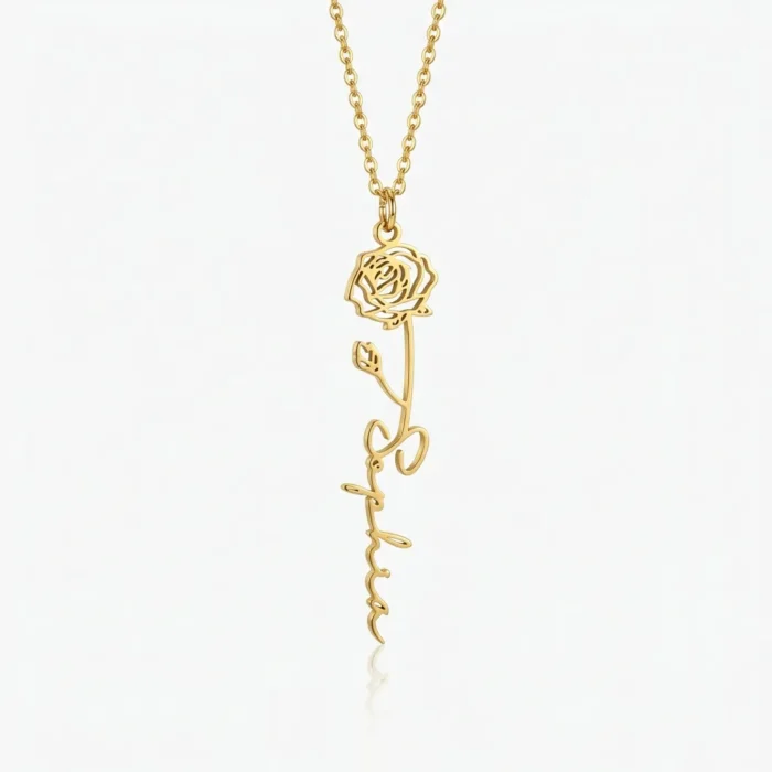 Custom Vertical Birth Flower Name Necklace