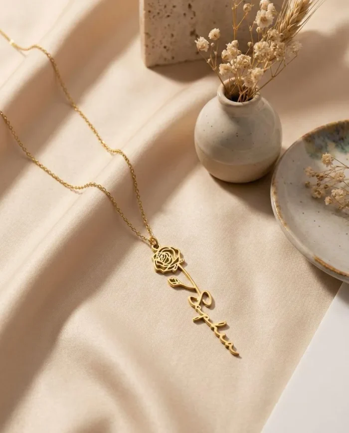 Custom Vertical Birth Flower Name Necklace