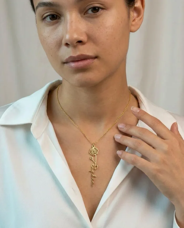 Custom Vertical Birth Flower Name Necklace