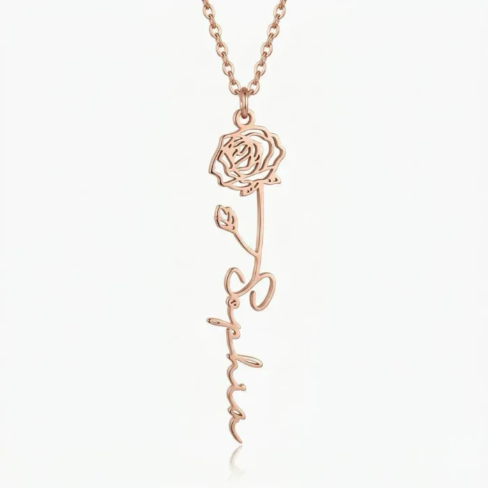 Custom Vertical Birth Flower Name Necklace