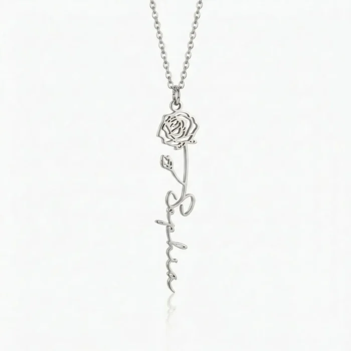 Custom Vertical Birth Flower Name Necklace