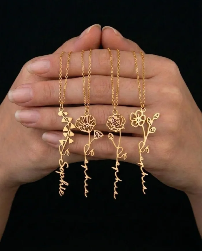 Custom Vertical Birth Flower Name Necklace