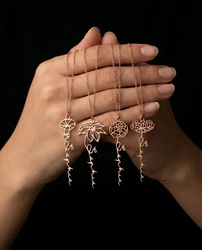 Custom Vertical Birth Flower Name Necklace