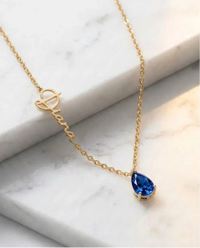 Dainty Custom Birthstone Teardrop Jewerly Name Necklace