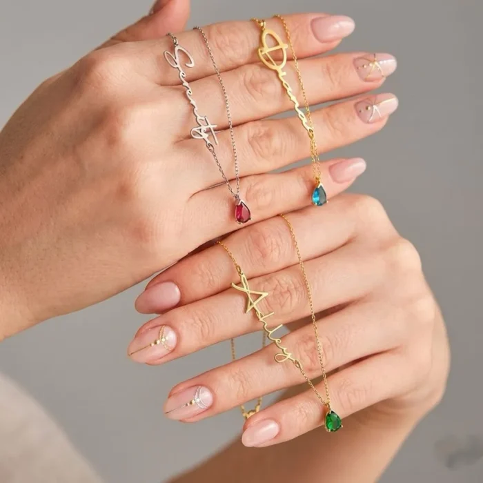 Dainty Custom Birthstone Teardrop Jewerly Name Necklace