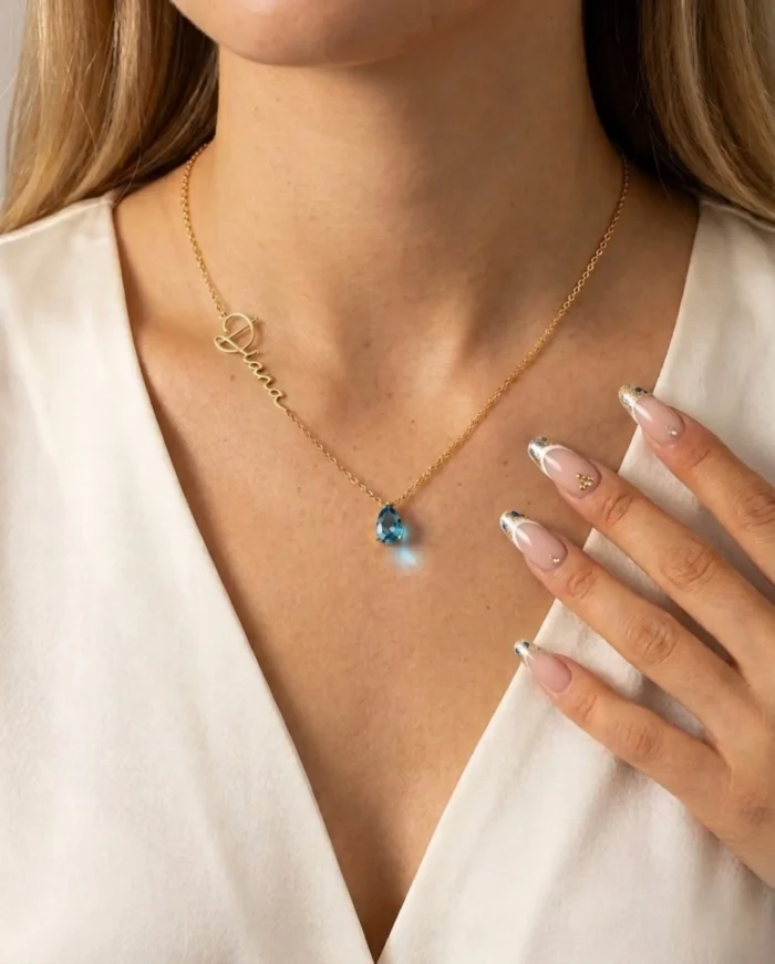 Dainty Custom Birthstone Teardrop Jewerly Name Necklace