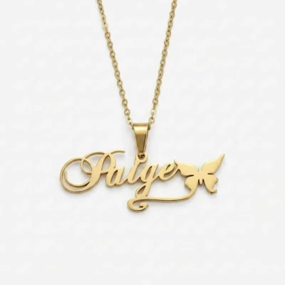 18K gold custom name necklaces with butterfly Gold personalized nameplate necklace reading Paige decorated with a small butterfly