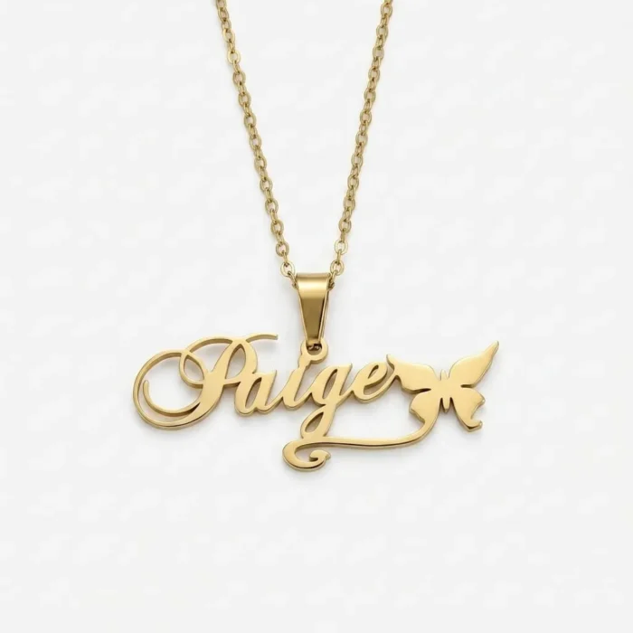 Gold personalized nameplate necklace reading Paige decorated with a small butterfly