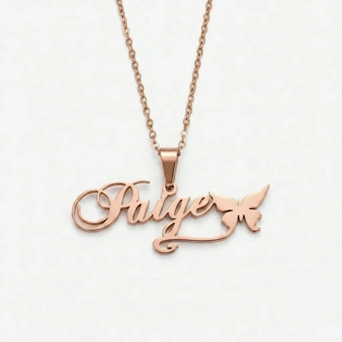 non tarnish rose gold custom jewelry with the name Paige and a butterfly design