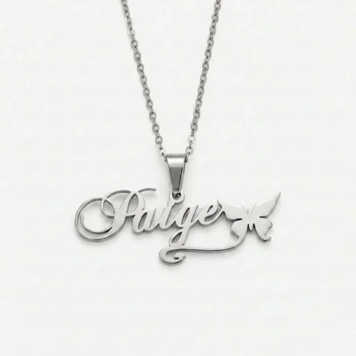 silver custom name necklace spelling Paige with a butterfly charm